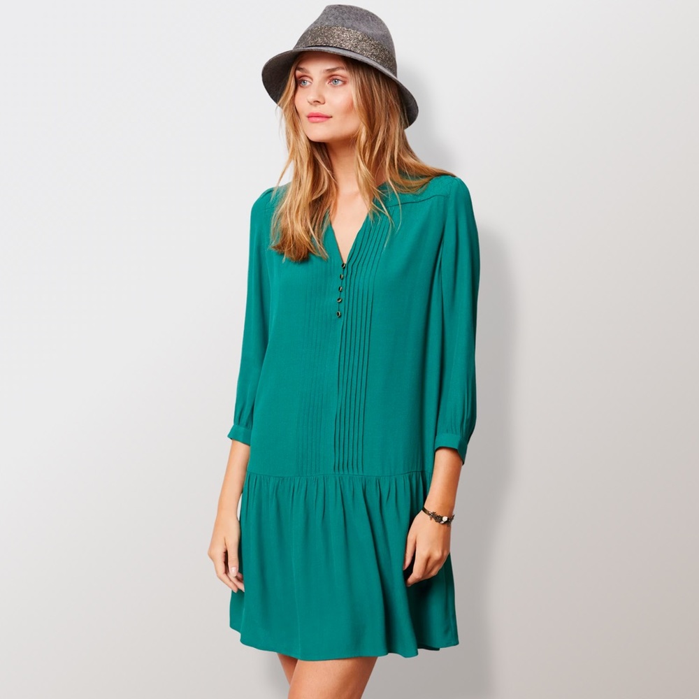 Anthropologie Maeve Pintucked Crepe Tunic Galina Dress in Kelly Green Size XL